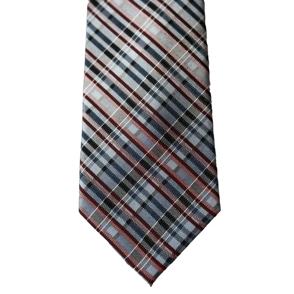 BURMA BIBAS Men's 100% Silk Neck Tie Red White‎ Blue Striped - USA America EUC